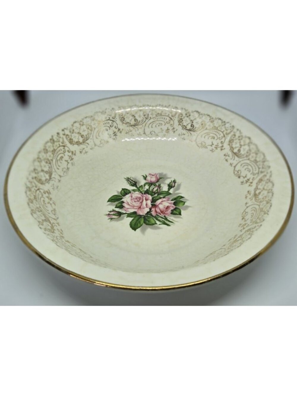 Georgian China Tudor Rose Vintage Coupe Soup Bowl 22kt Gold Trim Filigree 1940s